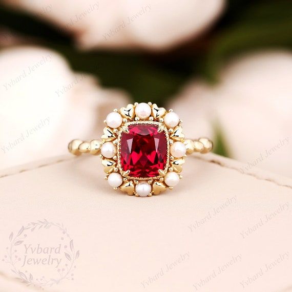 Vintage Ruby Engagement Ring Solid Yellow Gold Bridal Ring - Etsy Ruby And Pearl Engagement Ring, Ruby Engagement Ring Vintage, Ruby Ring Gold, Pearl Engagement Ring, Jewelry Details, Ring Styles, Ruby Engagement Ring, Ring Art Deco, Natural Pearl