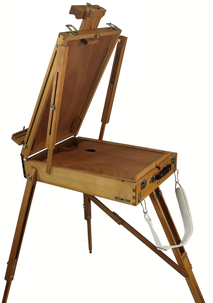 a wooden easel with two legs and a tray on the bottom that holds an object