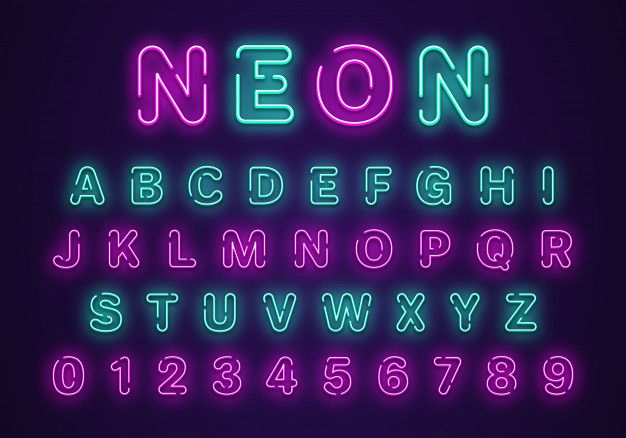 neon font and numbers on a dark background, with the letters in different colors that appear to be neon