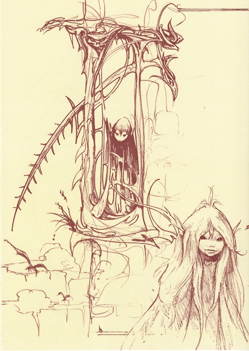 a drawing of a woman standing in front of a tree with an evil face on it