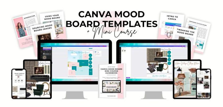 several computer screens and laptops with the words canva mood board templates on them