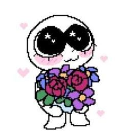 a cartoon character holding a bouquet of flowers in her hands with hearts on the background