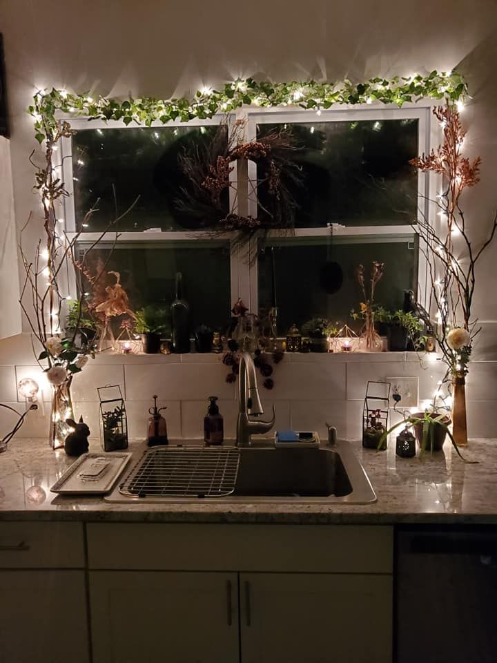 a kitchen sink under a window covered in christmas lights and potted plants on the counter