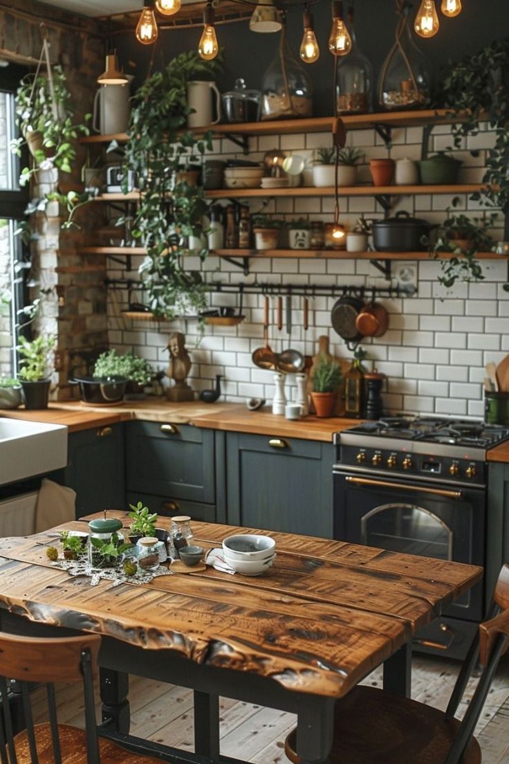 a kitchen filled with lots of wooden furniture and hanging lights over the stove top oven