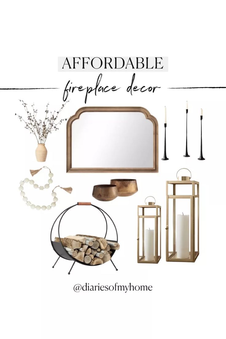 a fireplace with candles, mirror and other items on top of the page text reads affordable fireplace decor @ charissmyhome