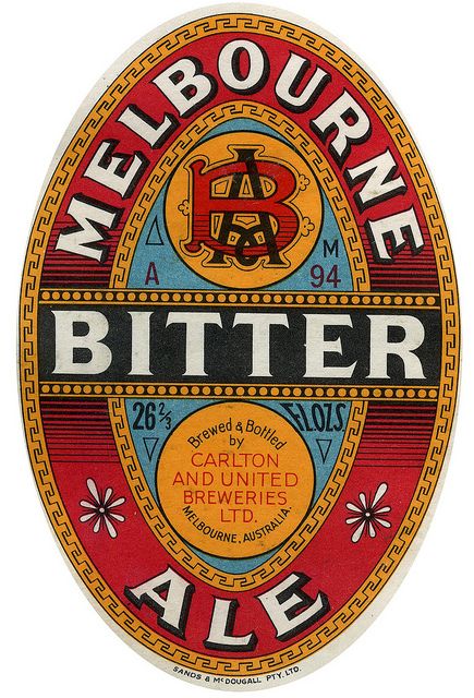 a round sticker with the words, melbourne bitter ale on it's side