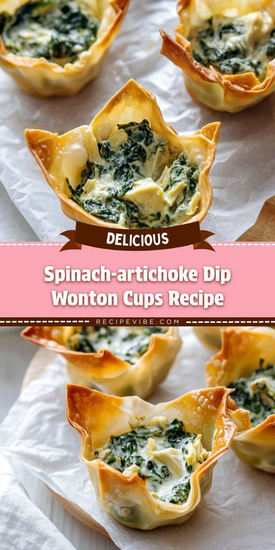 spinach - artichoke dip wonton cups recipe with text overlay that reads, spinach - artichoke dip wonton cups recipe