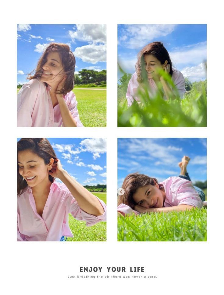 four pictures of a woman laying in the grass with her hands behind her head and smiling