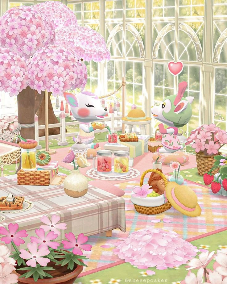 a table filled with lots of food next to a tree and flowers in front of a window