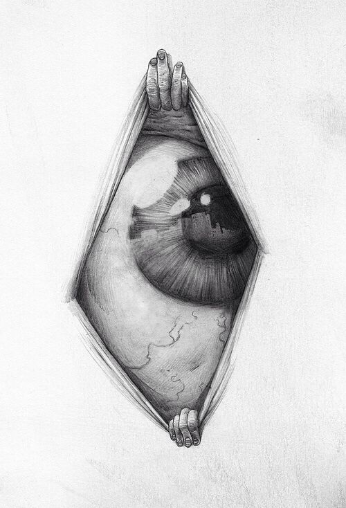 a pencil drawing of an eye in a bag