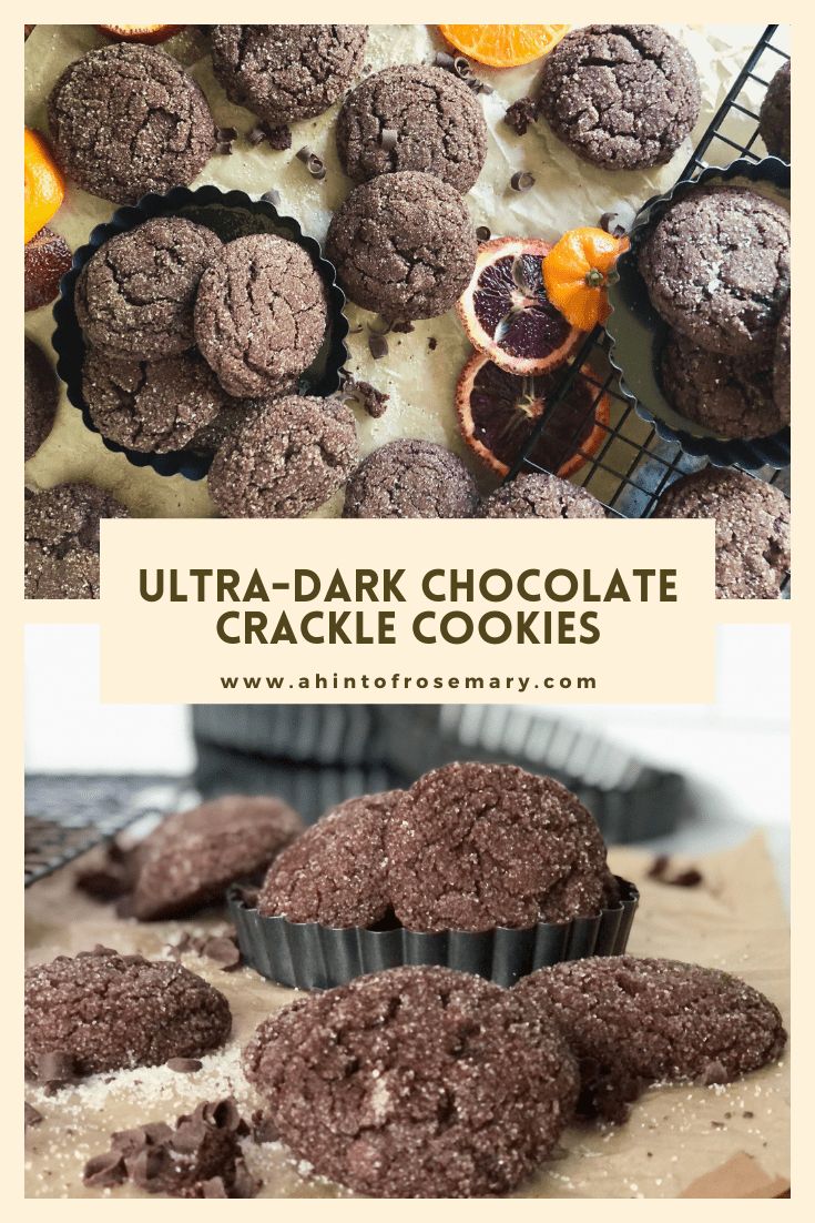 chocolate cookies with oranges on top and in the background text reads ultra - dark chocolate crinkle cookies