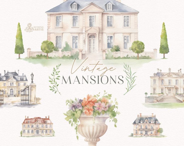 watercolor illustrations of mansion's and gardens