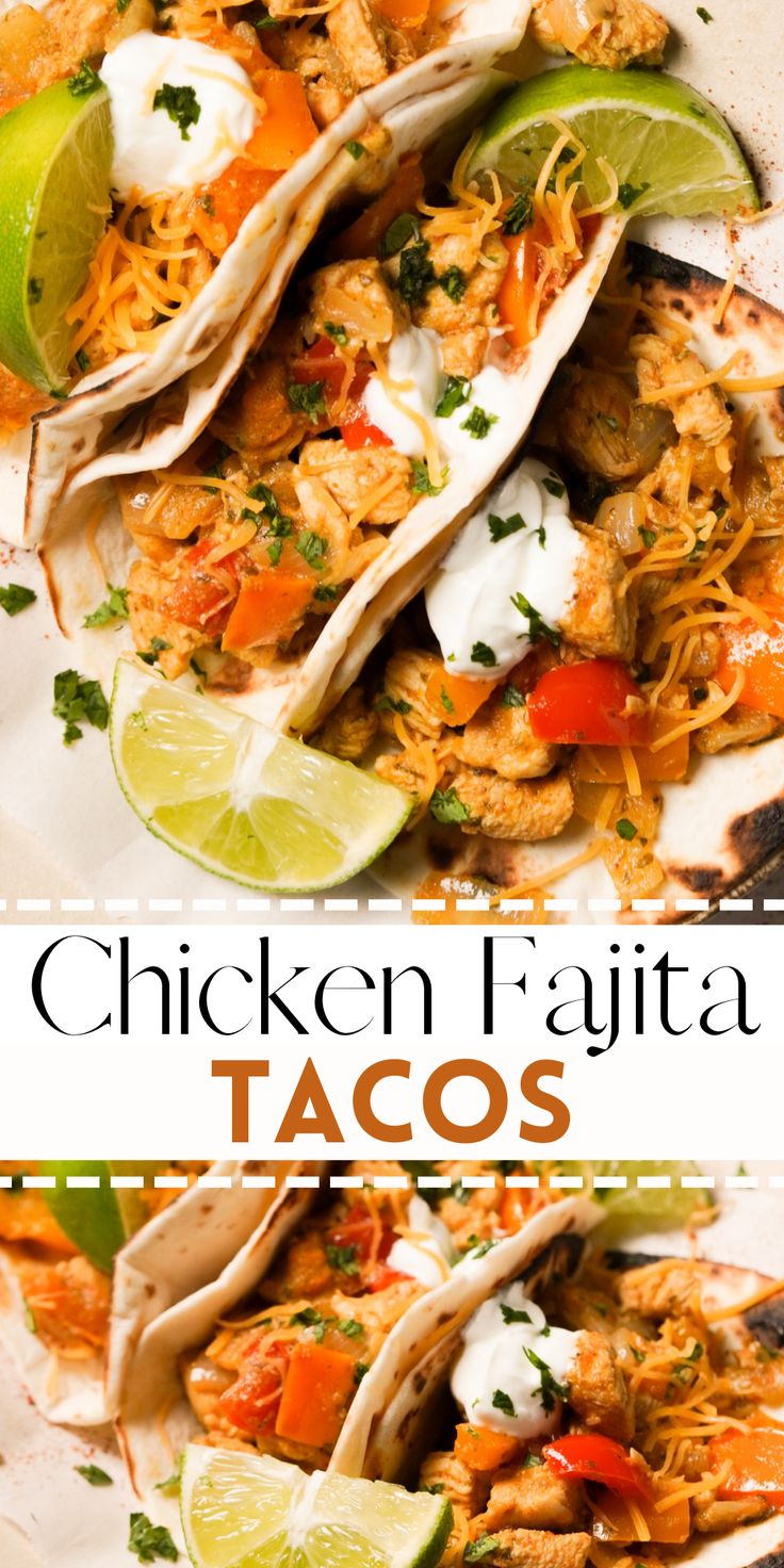 chicken fajita tacos on a plate with limes and cilantro