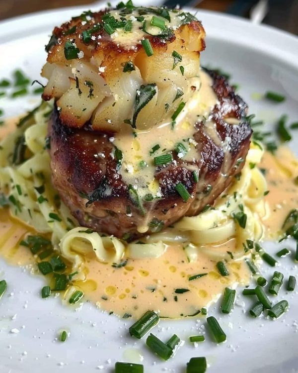 a white plate topped with pasta and meat covered in sauce, garnished with scallops