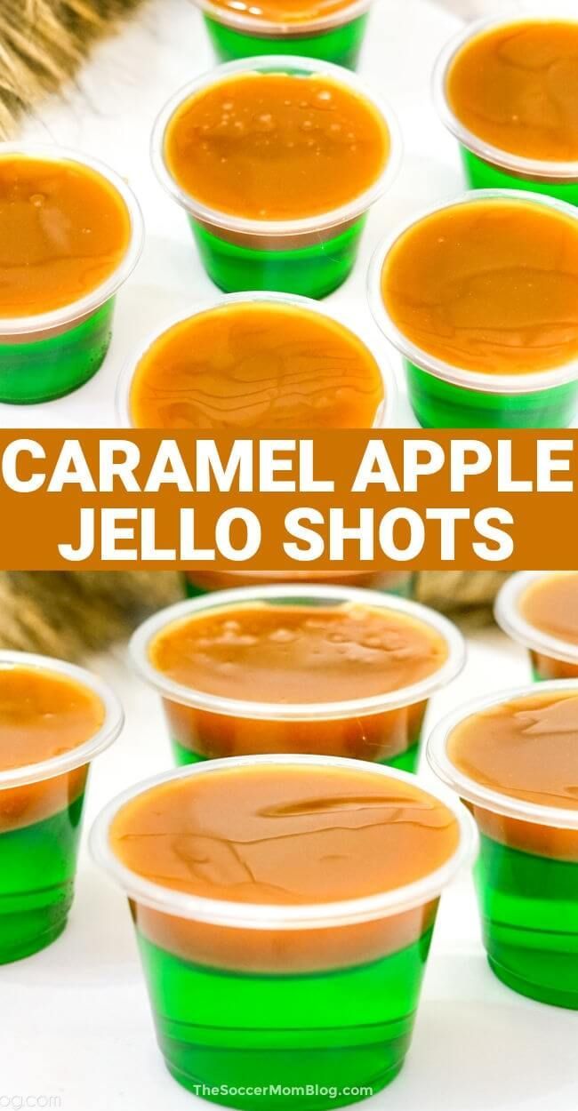 several cups filled with caramel apple jello shots on top of a white table