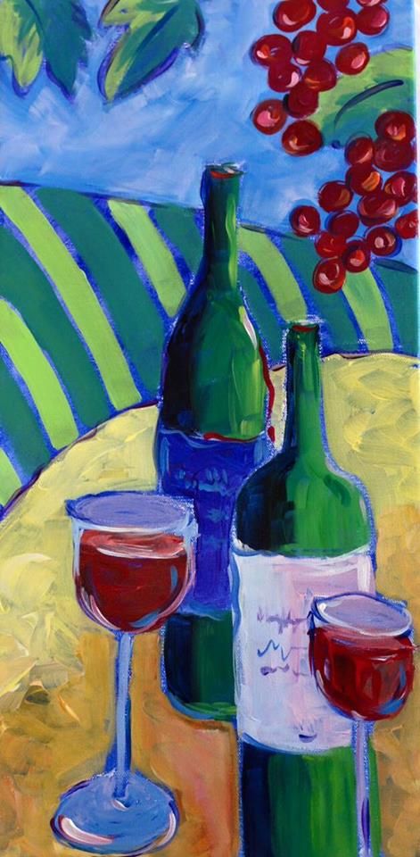 a painting of two wine glasses and a bottle on a table with grapes in the background