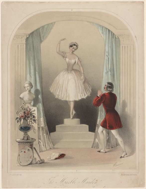 an illustration of a man and woman standing in front of a stage with the curtain open