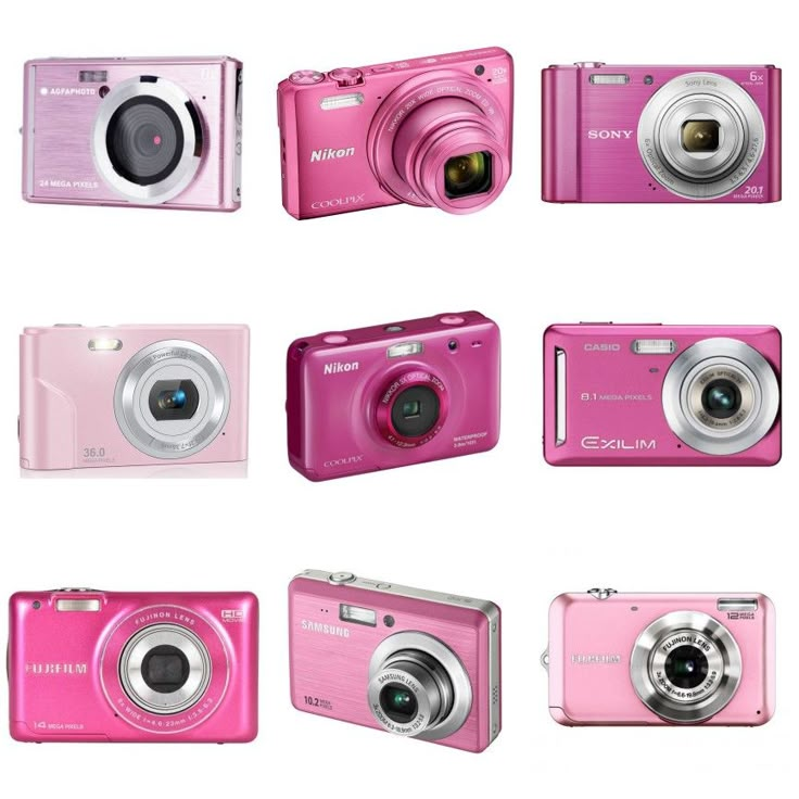 the different types of digital cameras are shown in this image, including one pink camera