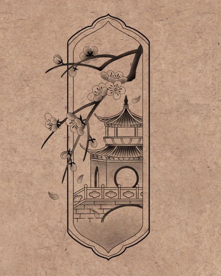 a drawing of a building with flowers in the middle and a bird perched on top of it