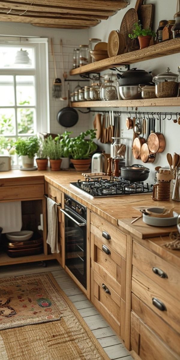 a kitchen filled with lots of wooden cabinets and counter top covered in pots and pans