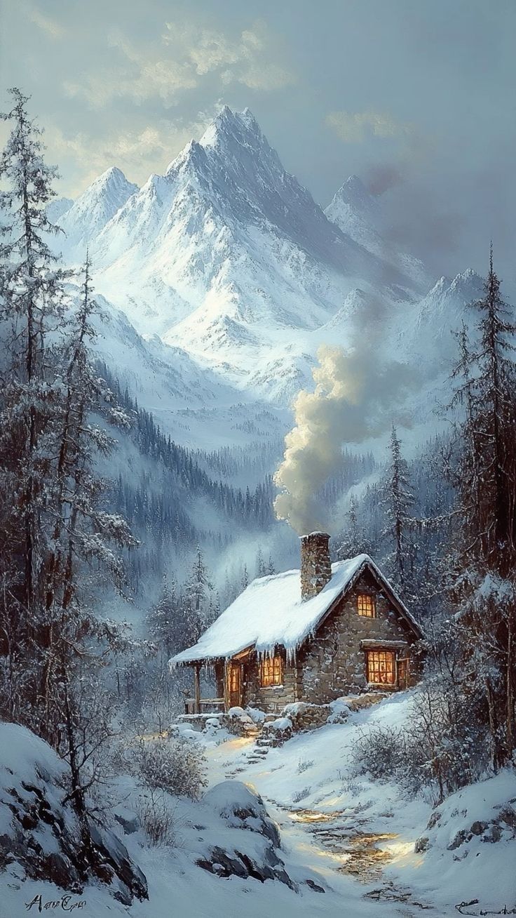 a painting of a cabin in the mountains with snow on the ground and trees around it