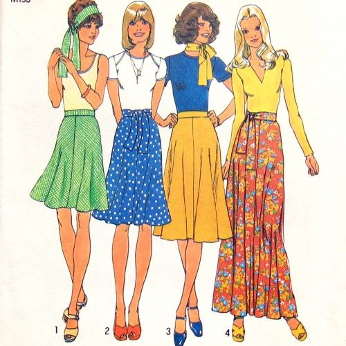 three women's skirts and one woman's blouse are shown in this vintage sewing pattern