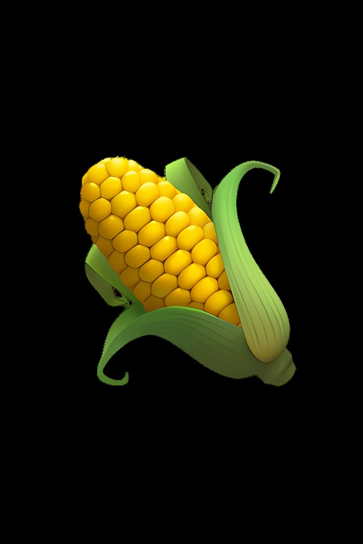 an ear of corn is shown on a white background with green leaves and yellow kernels