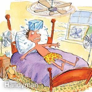 a cartoon man laying in bed with his head on the pillow and an umbrella above him