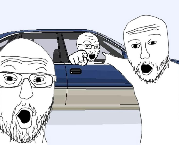 two men in front of a car with their mouths open and one pointing at the camera