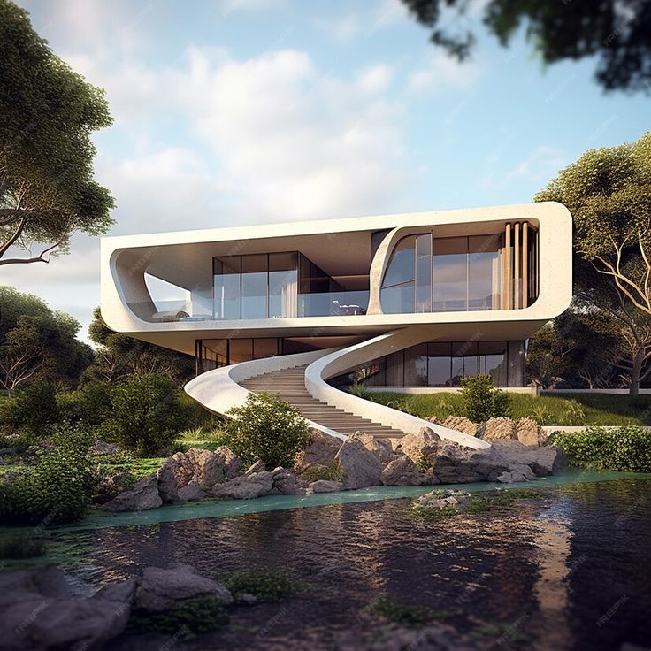 an artistic rendering of a modern house on the water's edge with stairs leading up to it