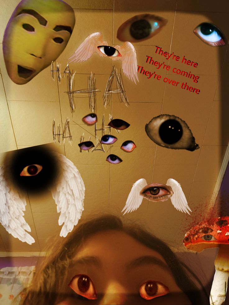 a woman with her eyes wide open in front of an assortment of masks