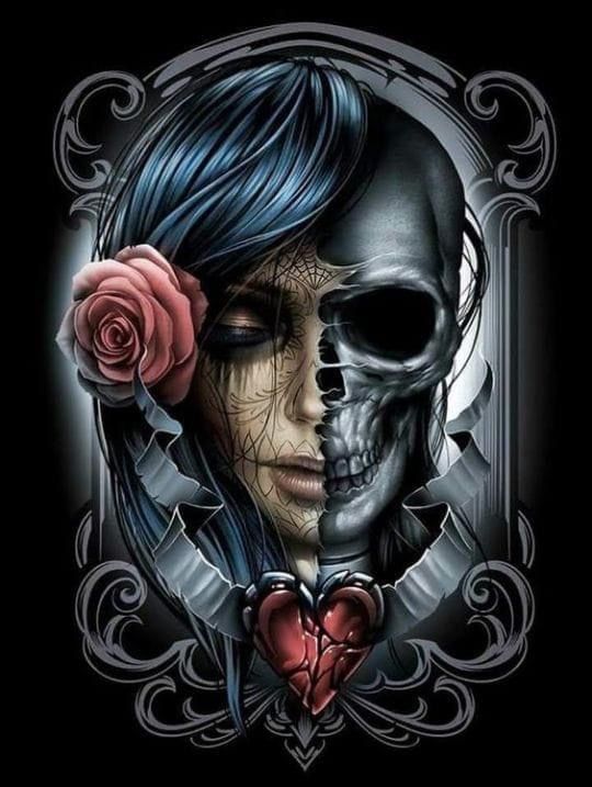 a woman with blue hair and a skull on her face