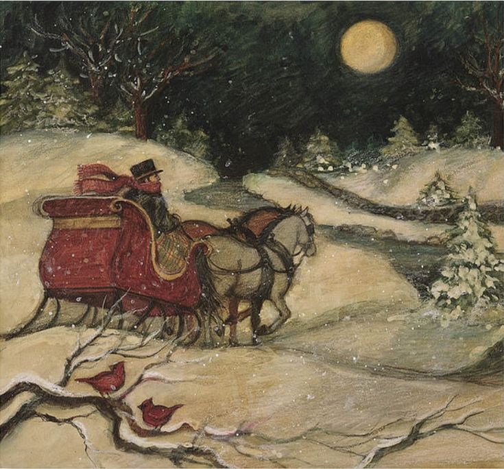 a painting of a horse drawn sleigh in the snow