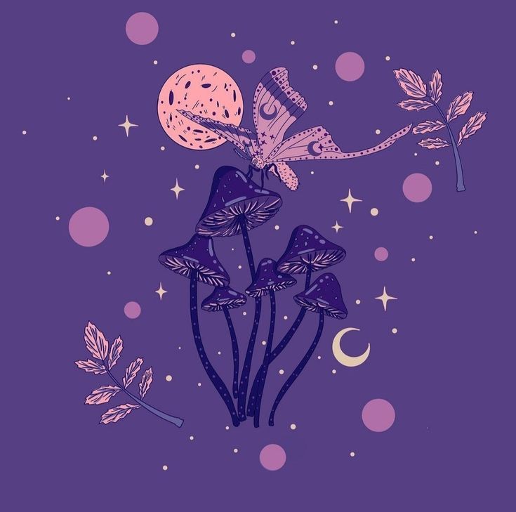 a purple background with mushrooms and stars in the night sky, on which is an illustration of a dragon