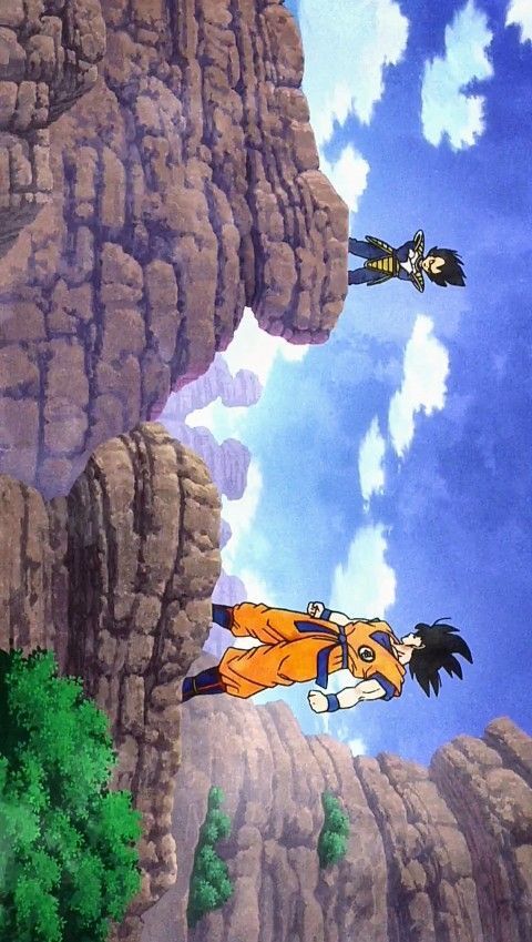 two anime characters are flying in the sky above some rocks and trees, one is wearing an orange outfit