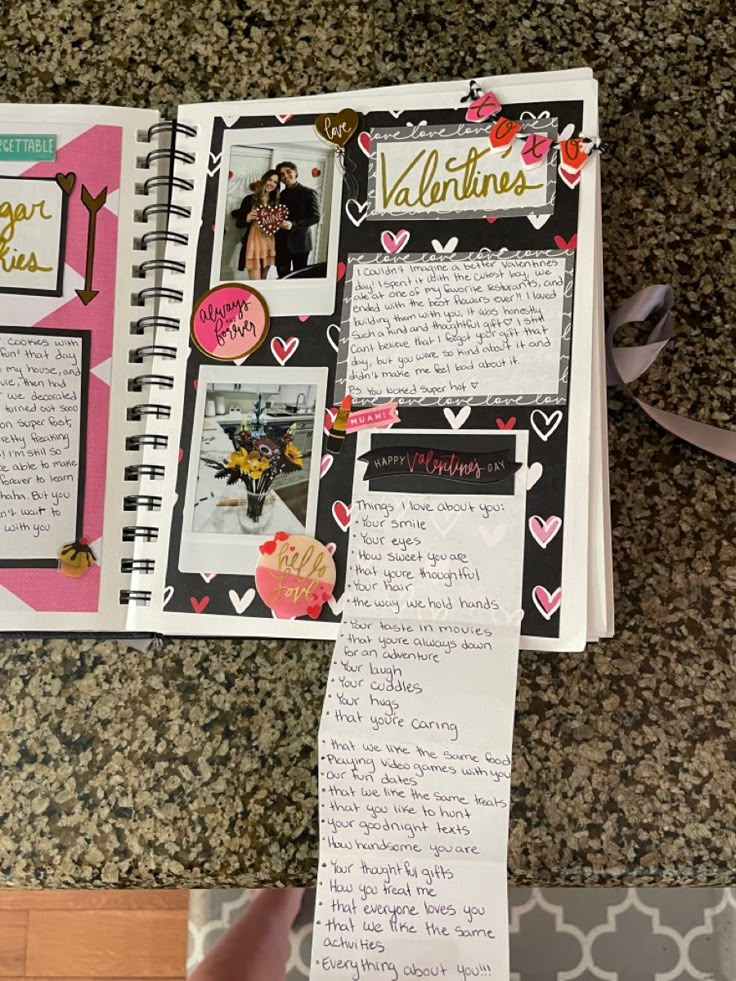 an open scrapbook with pictures and writing on it