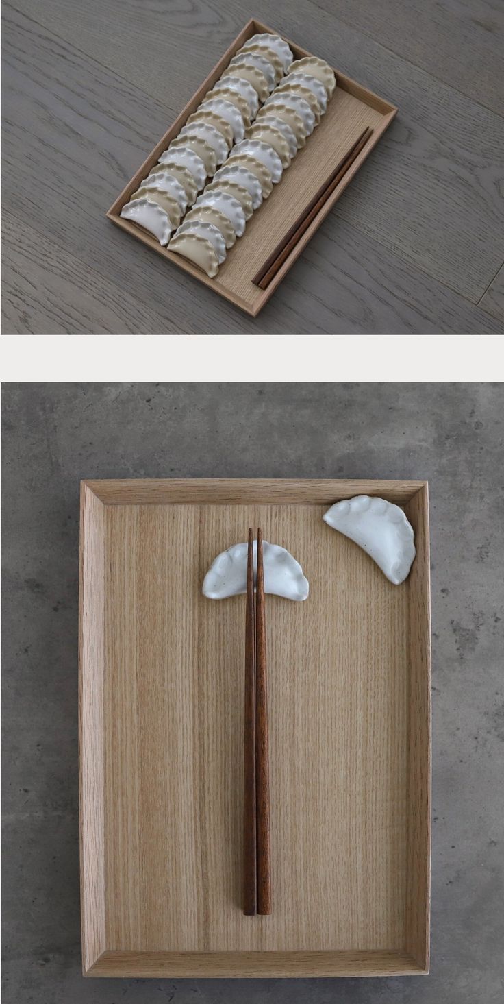 three different views of food on wooden trays with chopsticks and saucers