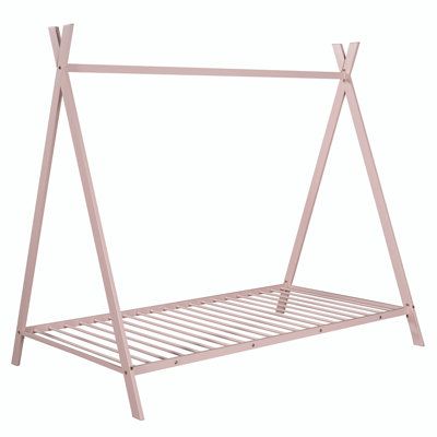 a pink metal swing bed frame on a white background