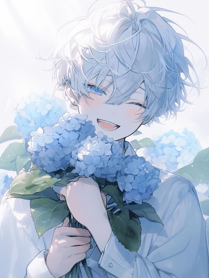 a person with blue hair holding flowers in their hands