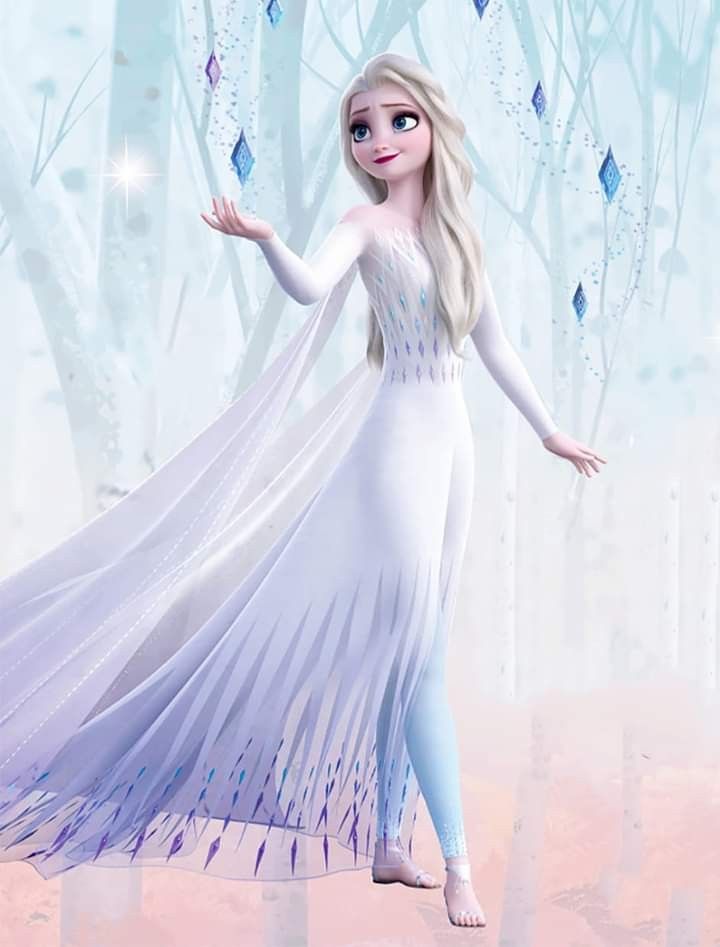 a frozen princess standing in front of trees