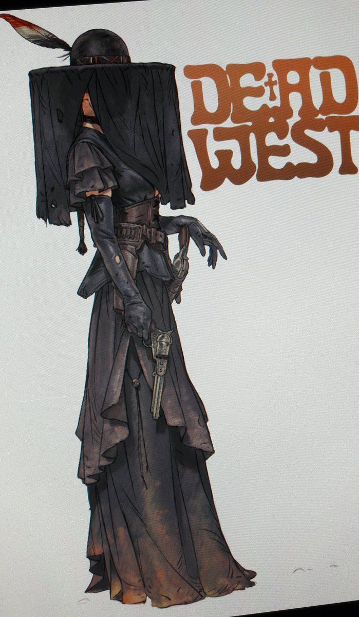 a drawing of a person dressed in black holding a knife and standing next to the words dead west