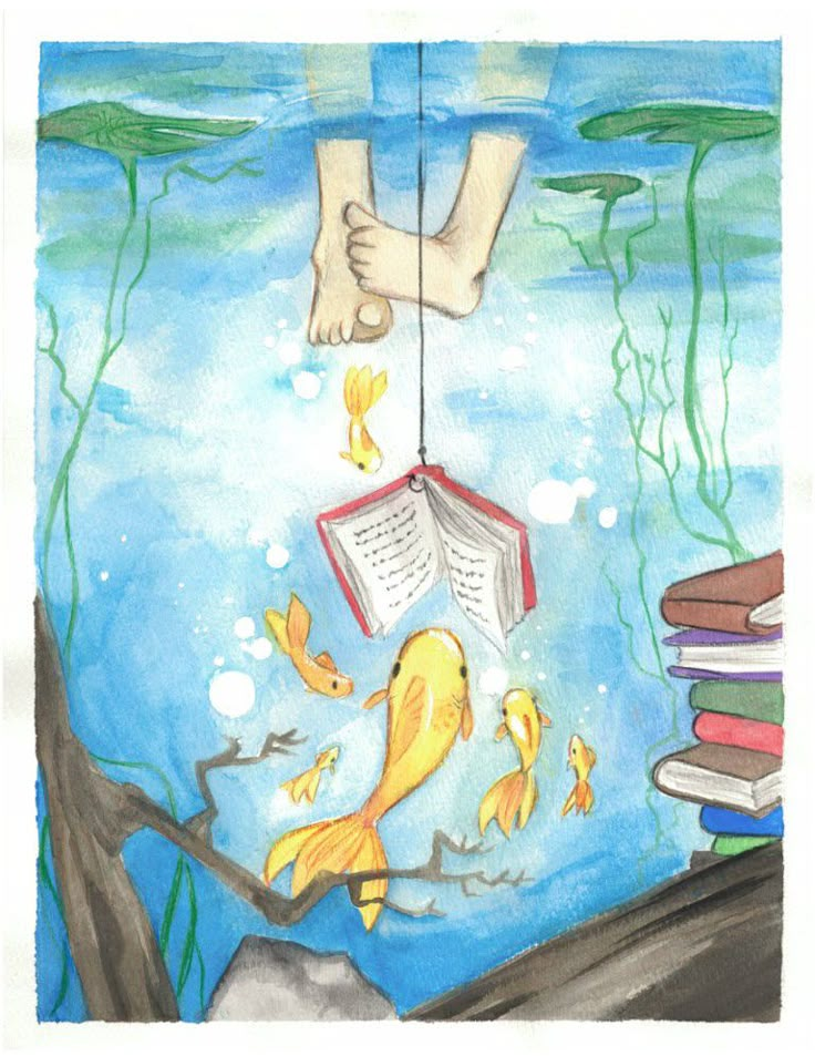 a drawing of a person hanging from a book in the air with fish swimming around