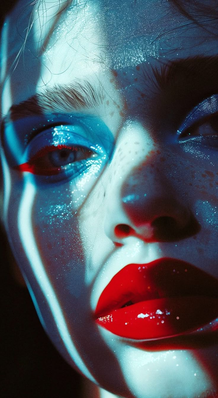 a woman with blue and red make up on her face