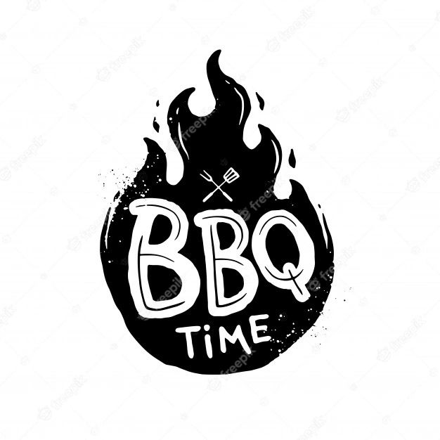 the bbq time logo is shown in black and white, with flames coming out of it