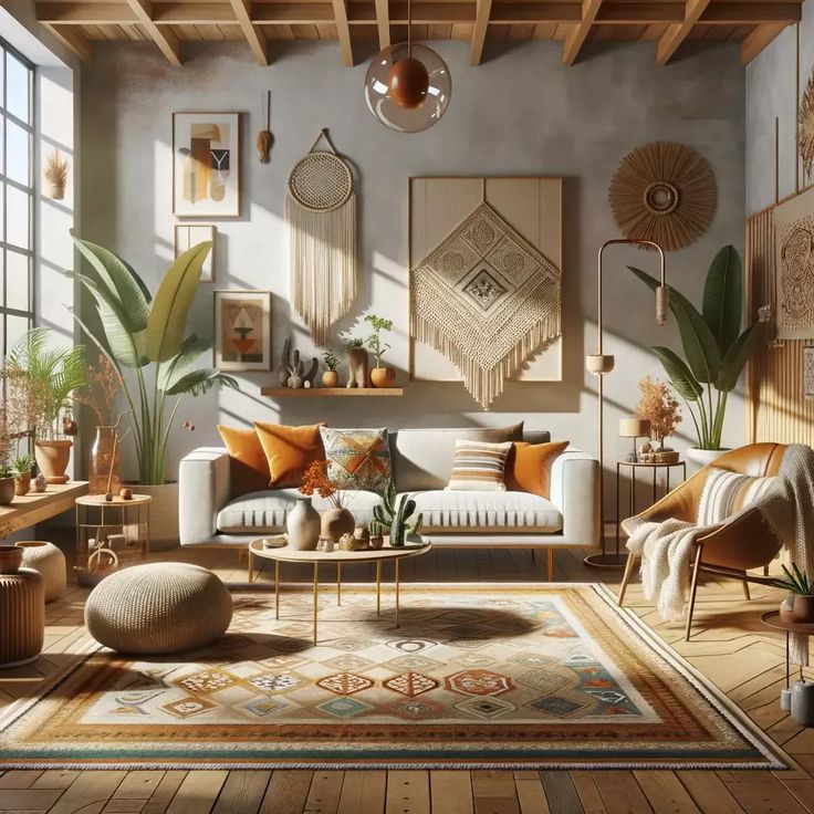 a living room filled with lots of furniture and decor on top of wooden flooring