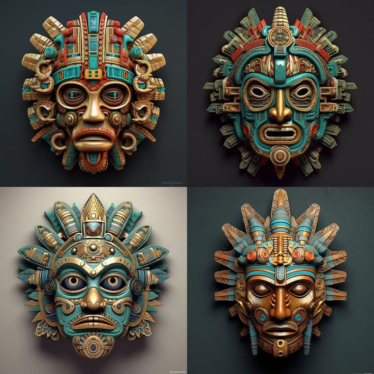 Aztec mask style in Midjourney AI (V5.1, V5, V4, niji 5) | Genres + Art Movements | Folk + Ethnic Genres | Andrei Kovalev's Midlibrary Aztec Warrior Mask, Mayan Style Art, Aztec Mask Art, Maya Mask, Mayan Masks, Aztec Clay Mask, Mayan Mask, Aztec Clay, Aztec Mask