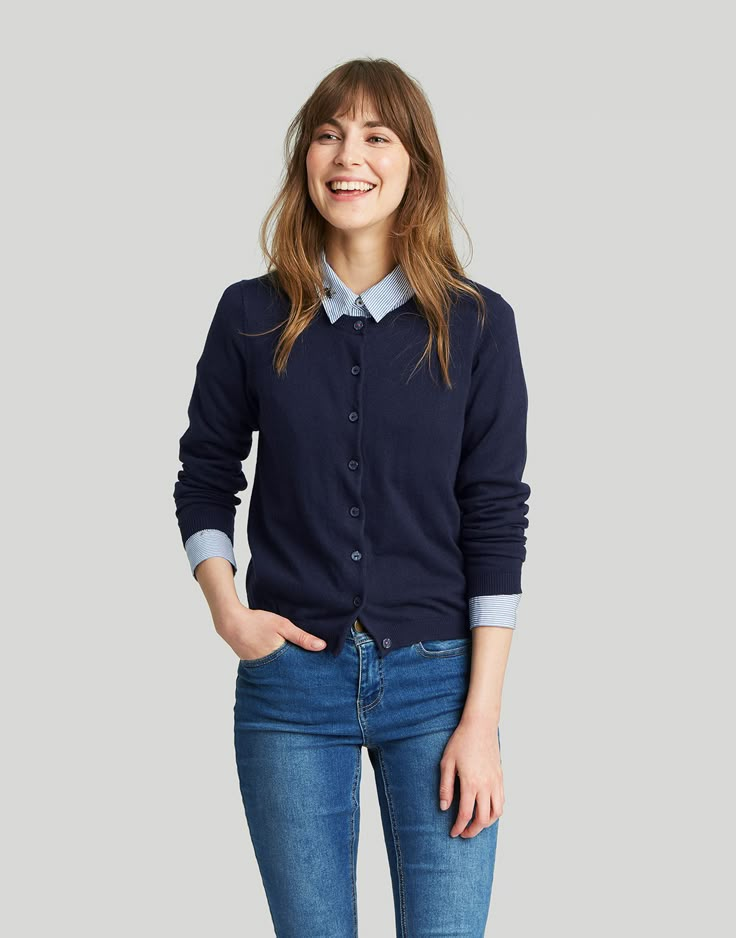 Skye French Navy Cardigan | Joules UK Navy Blue Cardigan Outfit, Navy Cardigan Outfit, Cardigan Outfit Work, Blue Cardigan Outfit, Winter Cardigan Outfit, Navy Blue Outfit, Linen Style Fashion, Classic Outfits For Women, Cardigan Outfit