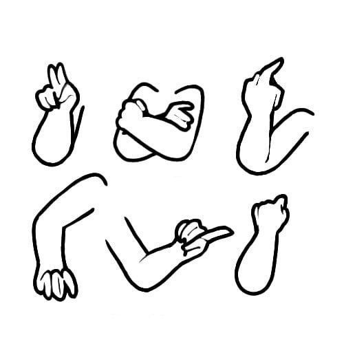 an outline drawing of hands and feet in various positions, including the thumbnails