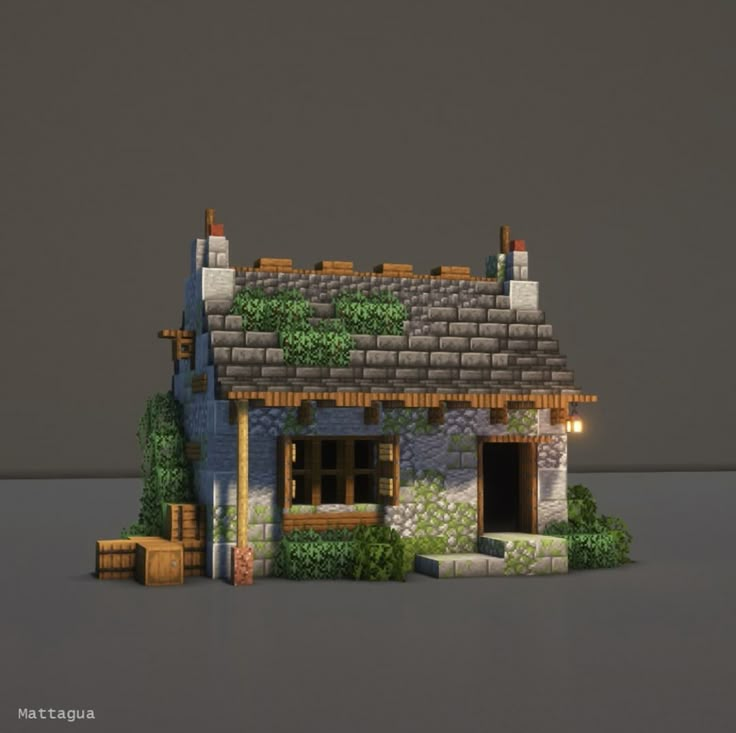 a small house made out of bricks and stone with grass growing on the roof, windows and door