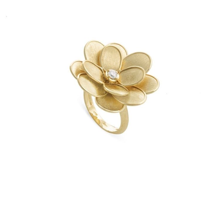 ITEM # AB606 B Y 02 Details 18K Yellow Gold and Diamond Petali Large Flower Ring. Simple yet organic shapes inspired by the delicate shape of the Lunaria flower. ul { list-style-type: square; } Orchid Ring, Marco Bicego Jewelry, Italian Jewelry Designers, Textured Gold Ring, Flower Diamond Ring, Flower Silhouette, Gold Flower Ring, Marco Bicego, Gold Statement Ring